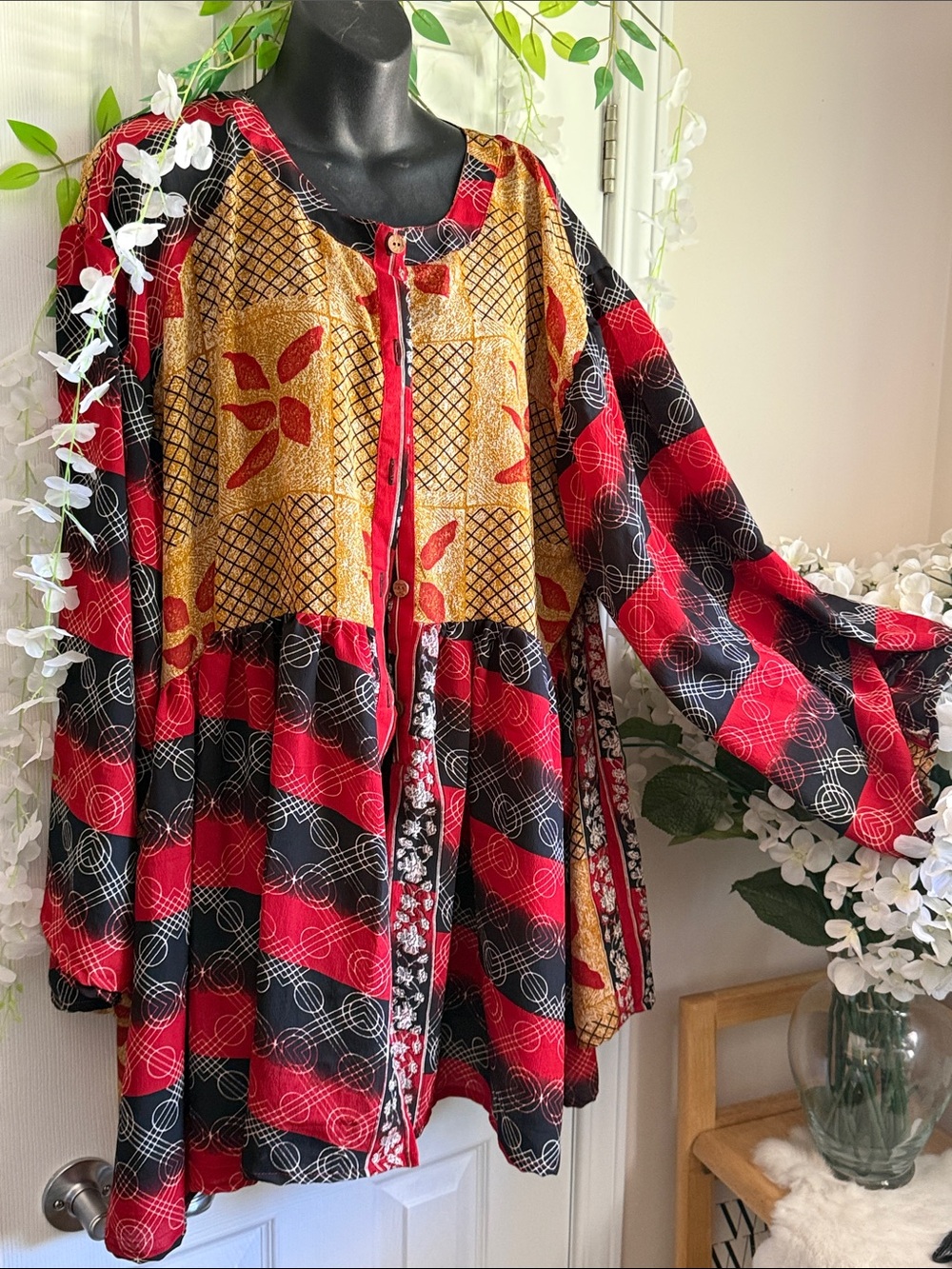 Boho Patchwork Button-Front Tunic in Red, Black & Gold. Gorgeous!!! ❤️🖤